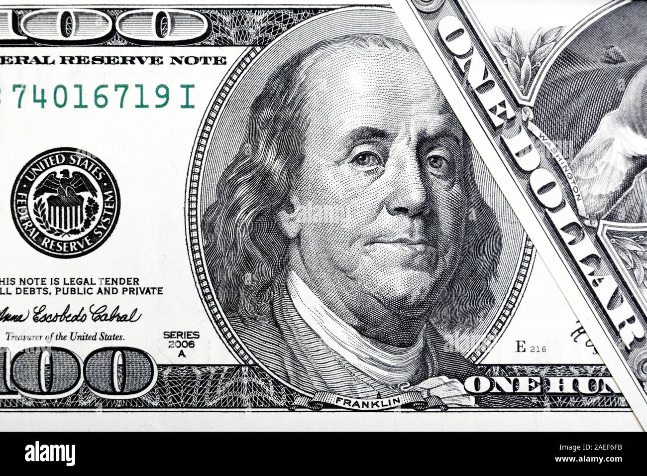 Portrait of Benjamin Franklin from one hundred dollars bill. Stock Photo
