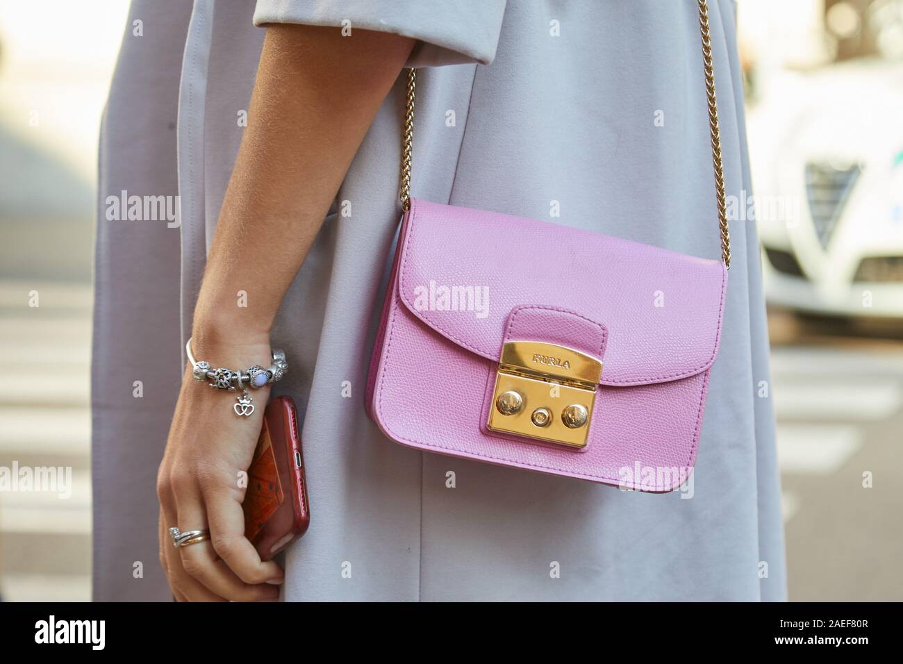 MILAN, ITALY - SEPTEMBER 21, 2019: Woman with pink leather Furla bag before  Salvatore Ferragamo fashion show, Milan Fashion Week street style Stock  Photo - Alamy