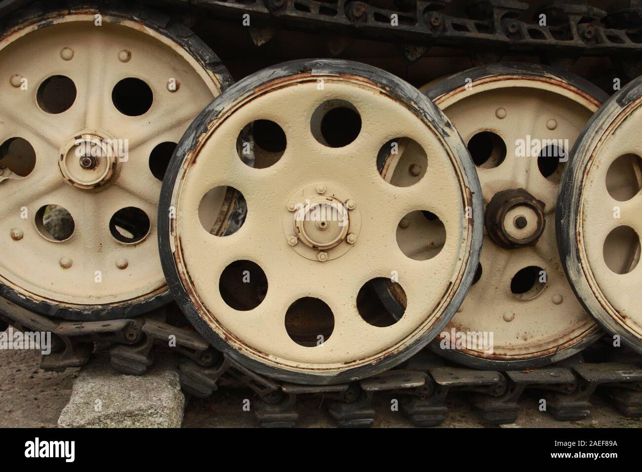 Close up of a tank's sprockets from World War Two in good condition. Retro transport and military technology concept. Stock Photo