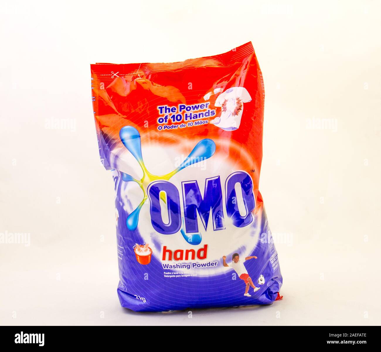Alberton, South Africa - a bag of Omo hand washing laundry soap powder isolated on a clear background image with copy space Stock Photo