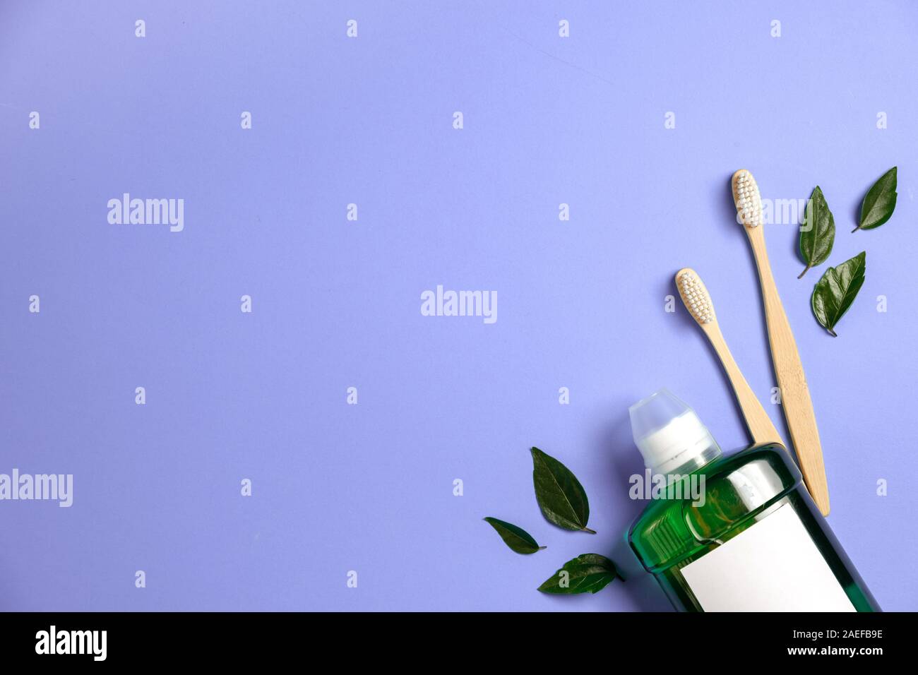 Oral care products. Mouthwash, two wooden bamboo eco friendly