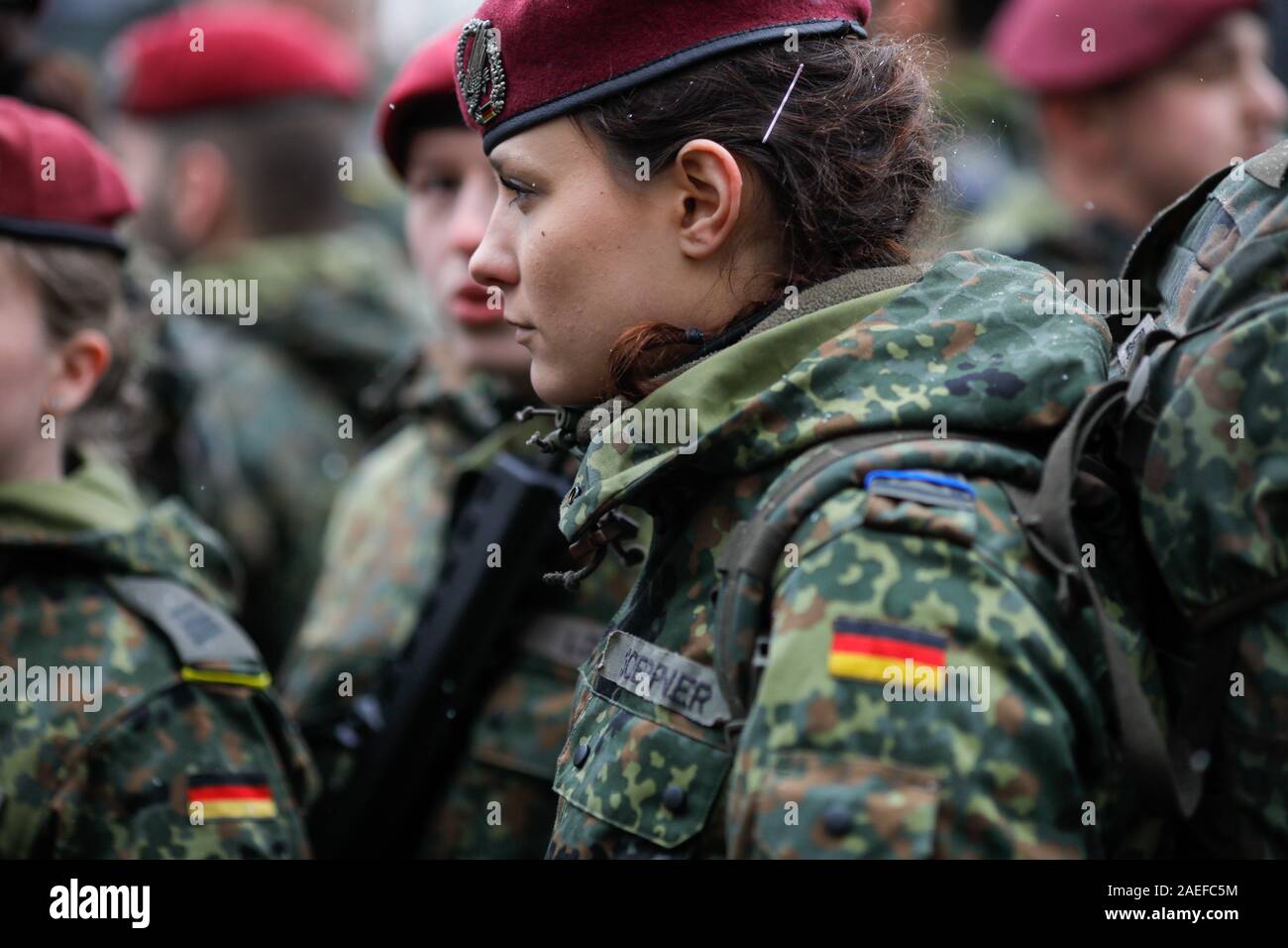 Bucharest, Romania - December 01, 2019: German female soldier is taking part at the Romanian National Day military parade. Stock Photo