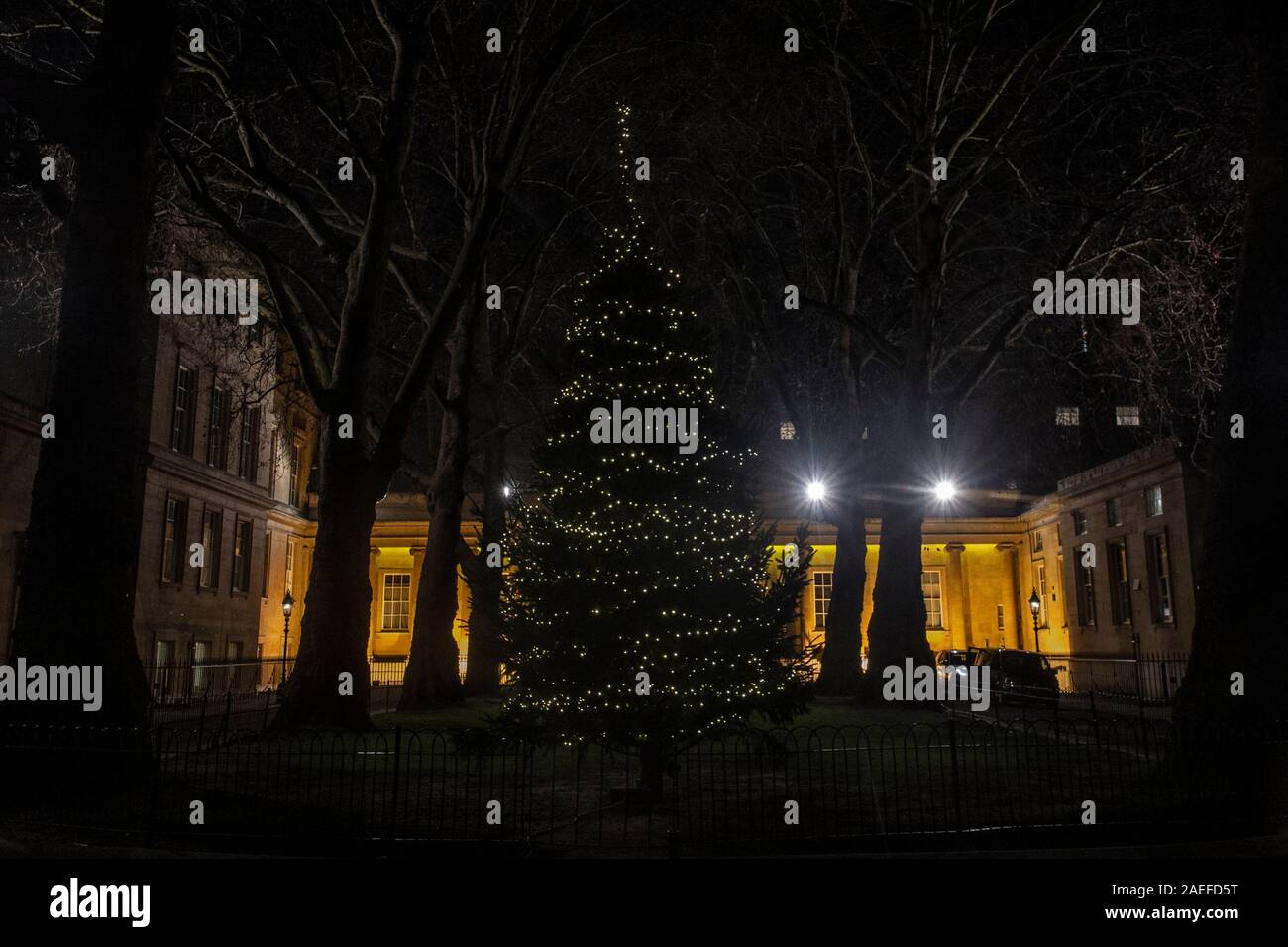 A huge Christmas tree outside Buckingham Palace in London Stock Photo