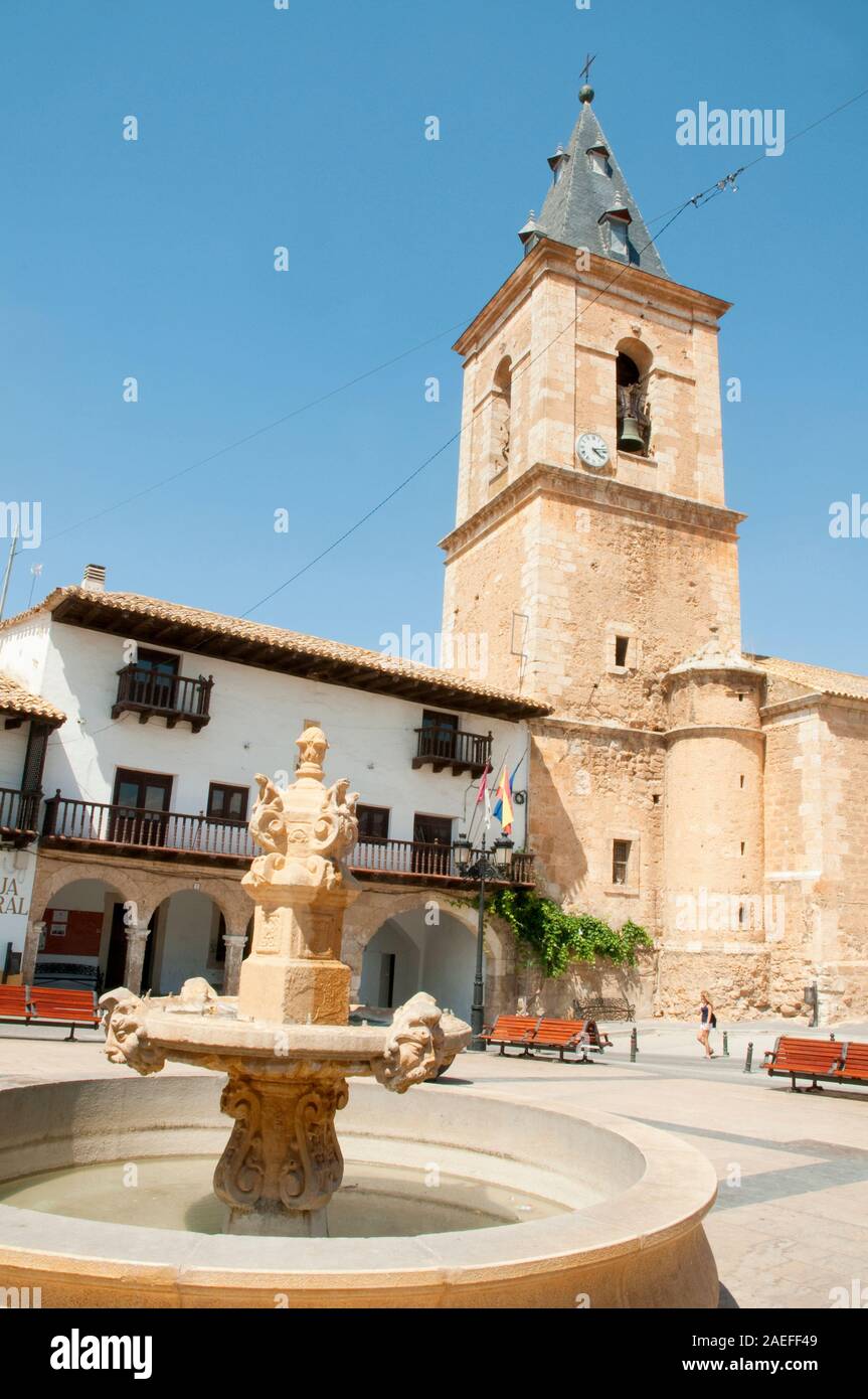 Main Square and church. Tarazona de La Mancha, Albacete province, Castilla La Mancha, Spain. Stock Photo