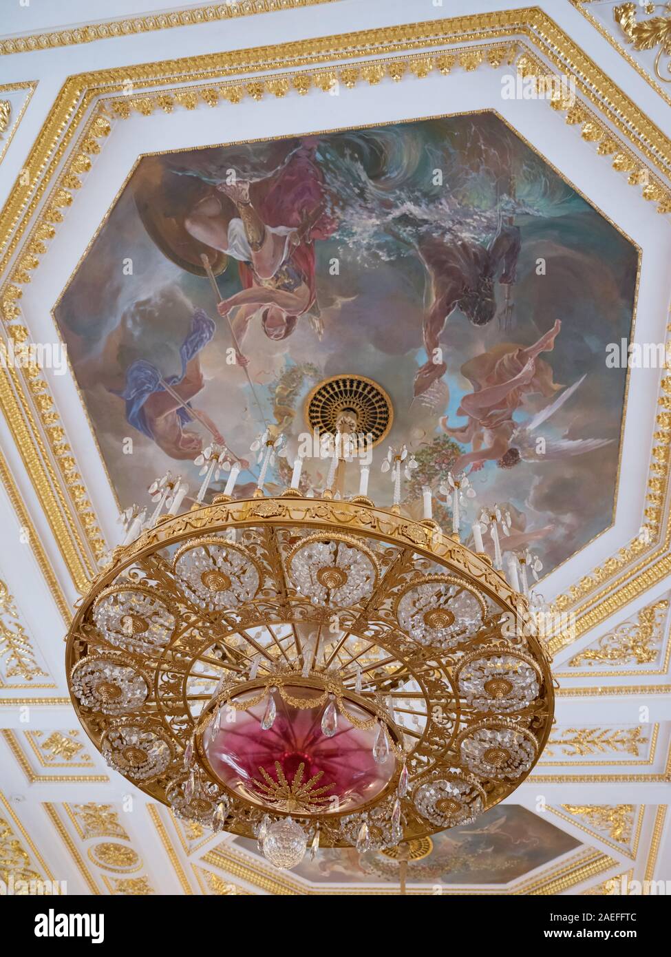 Interior of the Grand Palace in Tsaritsyno; Catherine ceremonial Hall; Ballroom; russian culture and heritage; Chandelier and ceiling painting Stock Photo