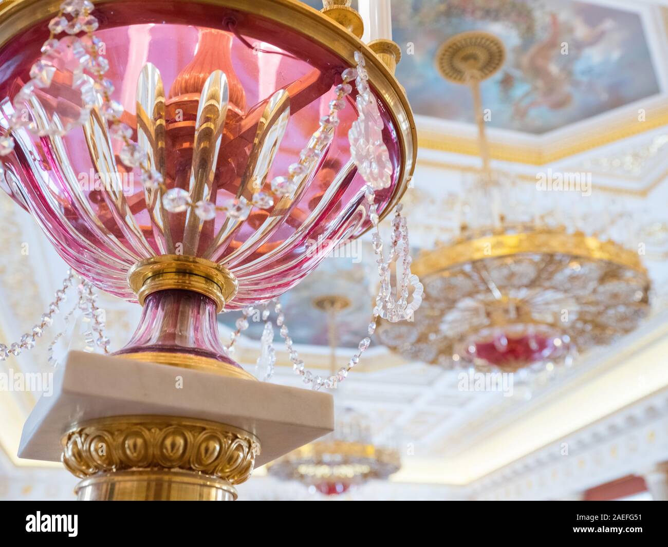 Interior of the Grand Palace in Tsaritsyno; Catherine ceremonial Hall; Ballroom; russian culture and heritage; Crystal floor lamp Stock Photo