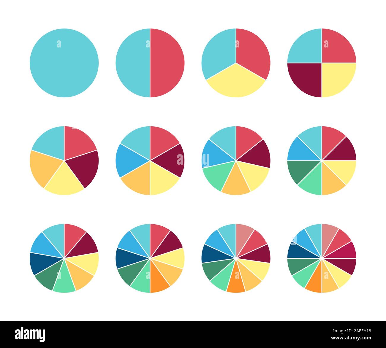 Pie circle chart. 12 section. Vector circle graph for infographic. Twelve flat cyrcle diagram. 1, 2, 3, 4, 5, 6, 7, 8, 9, 10, 11, 12 steps or processe Stock Vector
