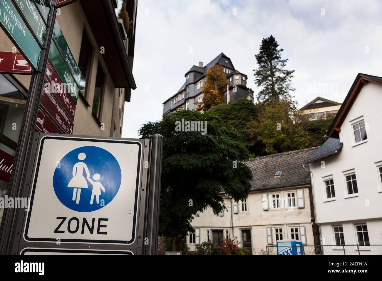 Signs and signposts in the old town of Diez Stock Photo