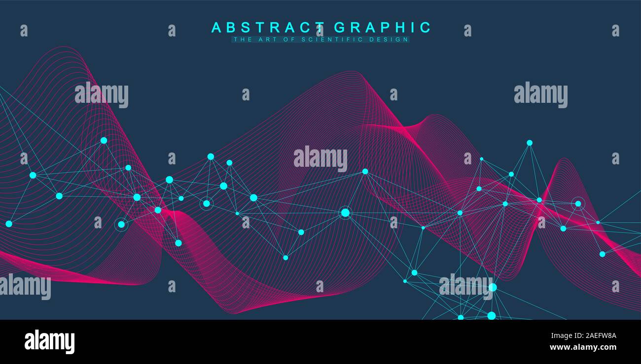 Digits abstract background with connected line and dots, wave flow. Digital neural networks. Network and connection background for your presentation Stock Vector