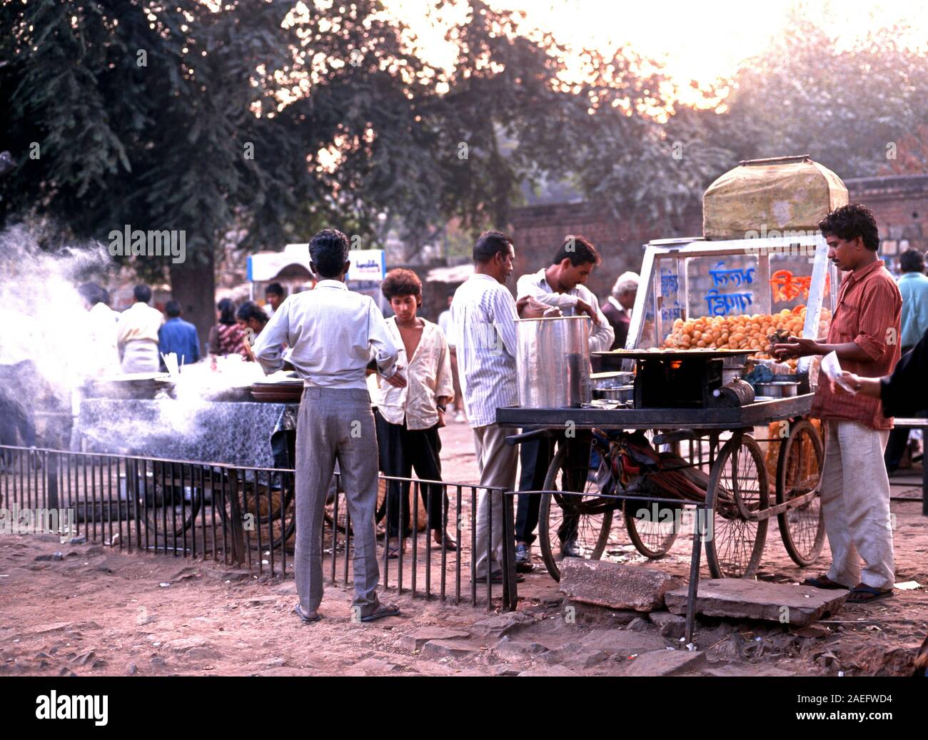 Roadside food stalls near the Qutb Minar, Delhi, Delhi Union Territory, India. Stock Photo