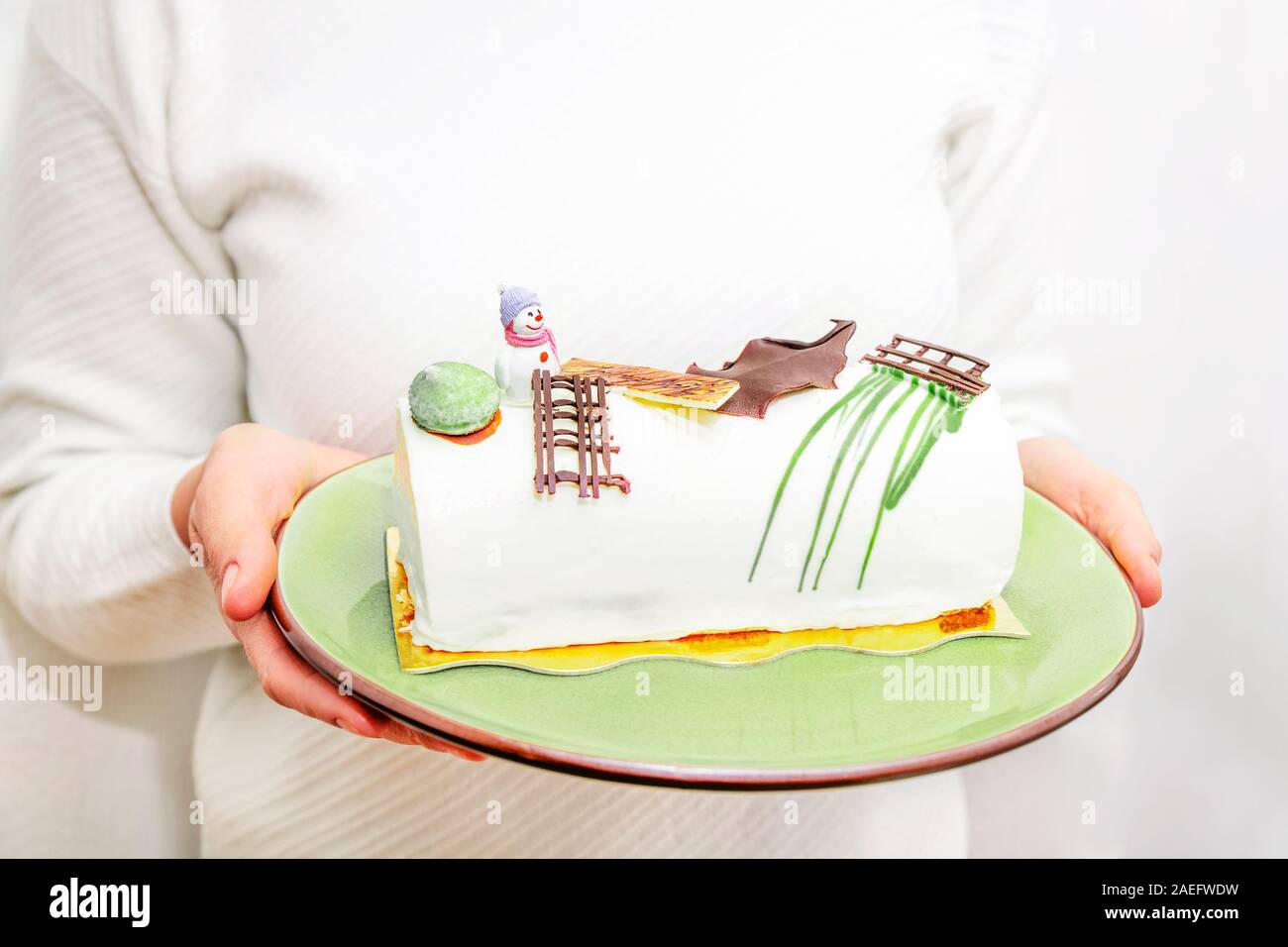 Girl holds a plate with a Christmas cake log Stock Photo