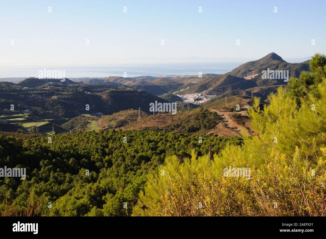 Elevated view across the mountains towards the Mediterranean sea, Puerto de Alijar, Malaga Province, Andalucia, Spain, Europe Stock Photo