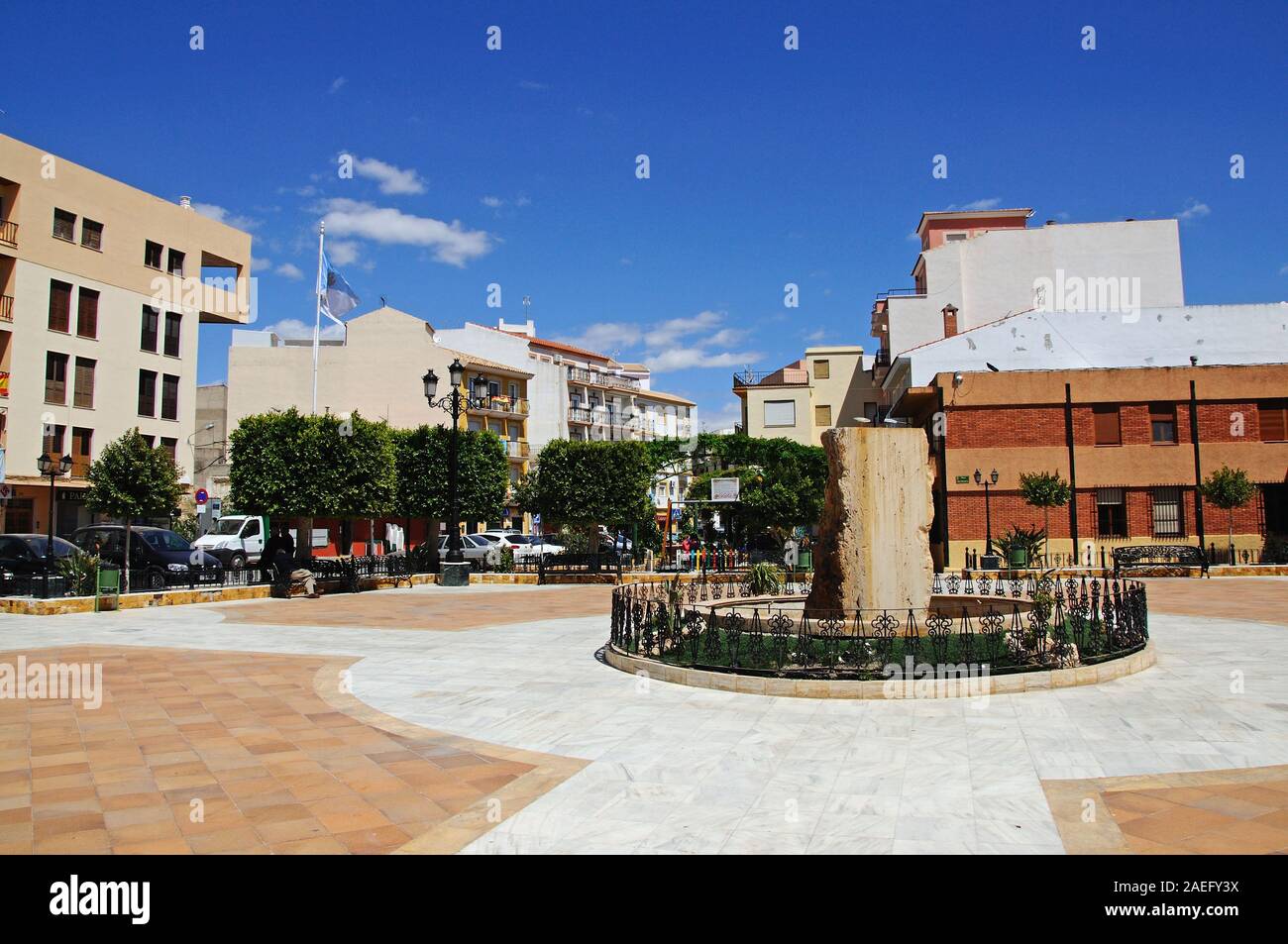 Statue and fountain in the town square, Albox, Almeria Province, Andalucia, Spain, Europe. Stock Photo