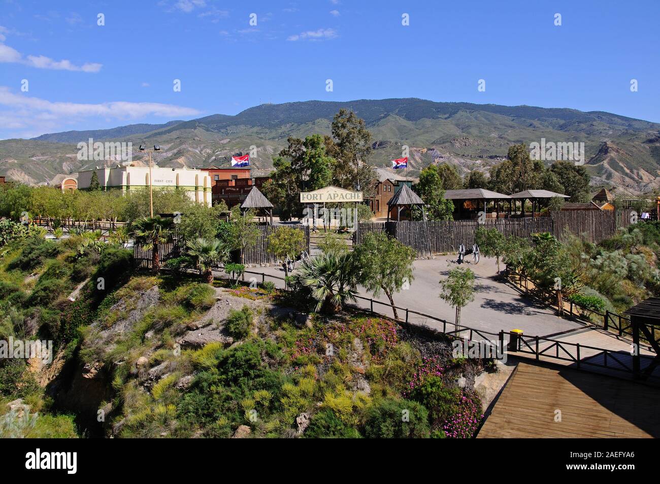 View of Fort Apache at Mini Hollywood with mountains to the rear, Tabernas, Almeria Province, Andalucia, Spain, Europe. Stock Photo