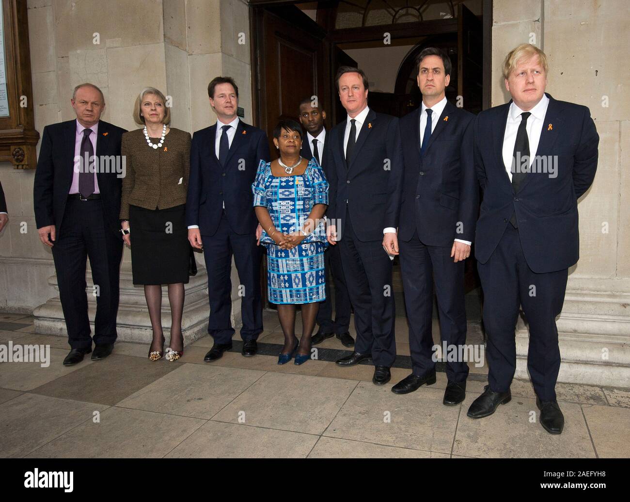 Doreen Lawrence with senior politicians at the 20th anniversary memorial of the death of Stephen Lawrence.Left to right Damian Greene, Theresa May, Nick Clegg, Doreen Lawrence, Stuart Lawrence(behind) David Cameron, Ed Miliband and Boris Johnson. Stock Photo