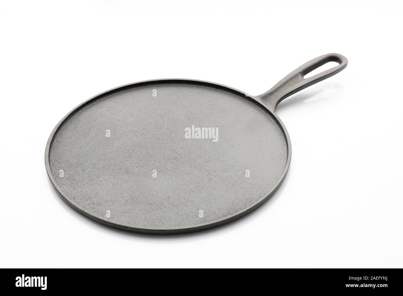 Side View of Seasoned Cast Iron Pan on White Background Stock Photo