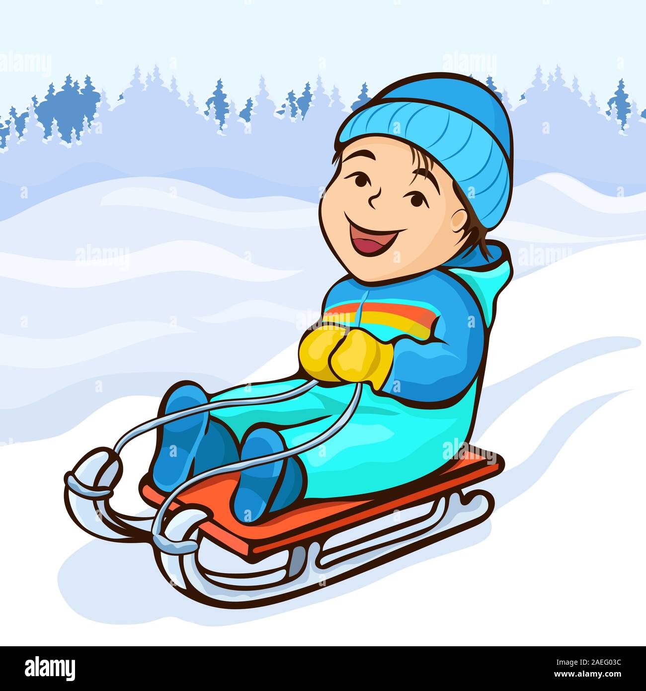 Boy sledding, cartoon character, hand drawing, winter kids fun. Cute happy child in blue jumpsuit joyful rides in sled on snow hill on the background Stock Vector