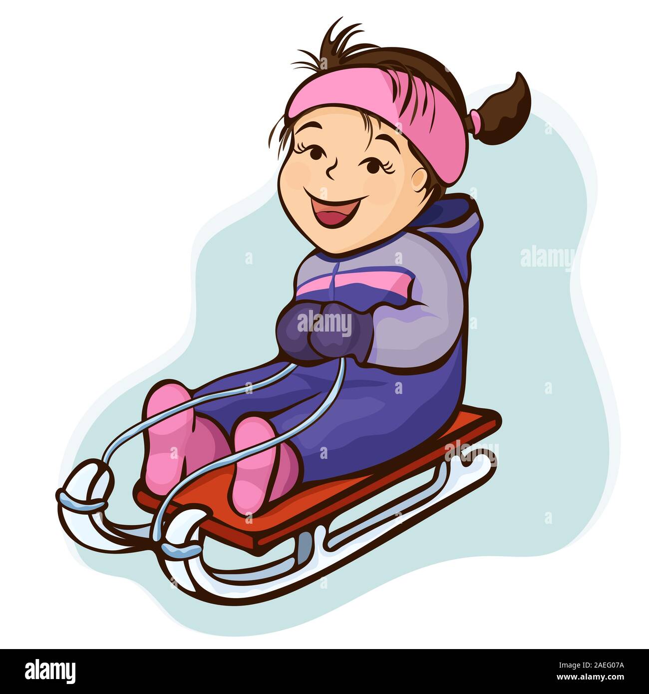 Girl sledding, cartoon character, outline hand drawing, winter kids fun. Cute happy child in purple-lilac jumpsuit joyful rides on sled in the snow, i Stock Vector