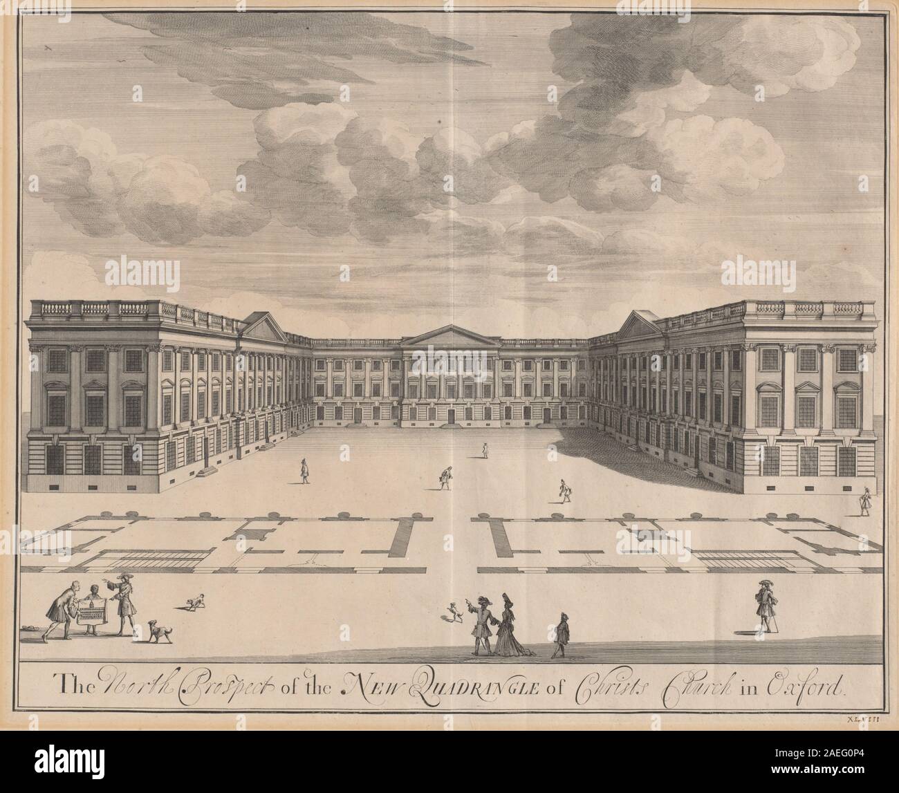 This 1707 engraving by Johannes Kip after Leendert Knijff depicts the north view of the new quadrangle of Christ Church in Oxford, showing architectural details, courtyards, windows, and formal layout typical of early 18th-century English academic architecture. Stock Photo