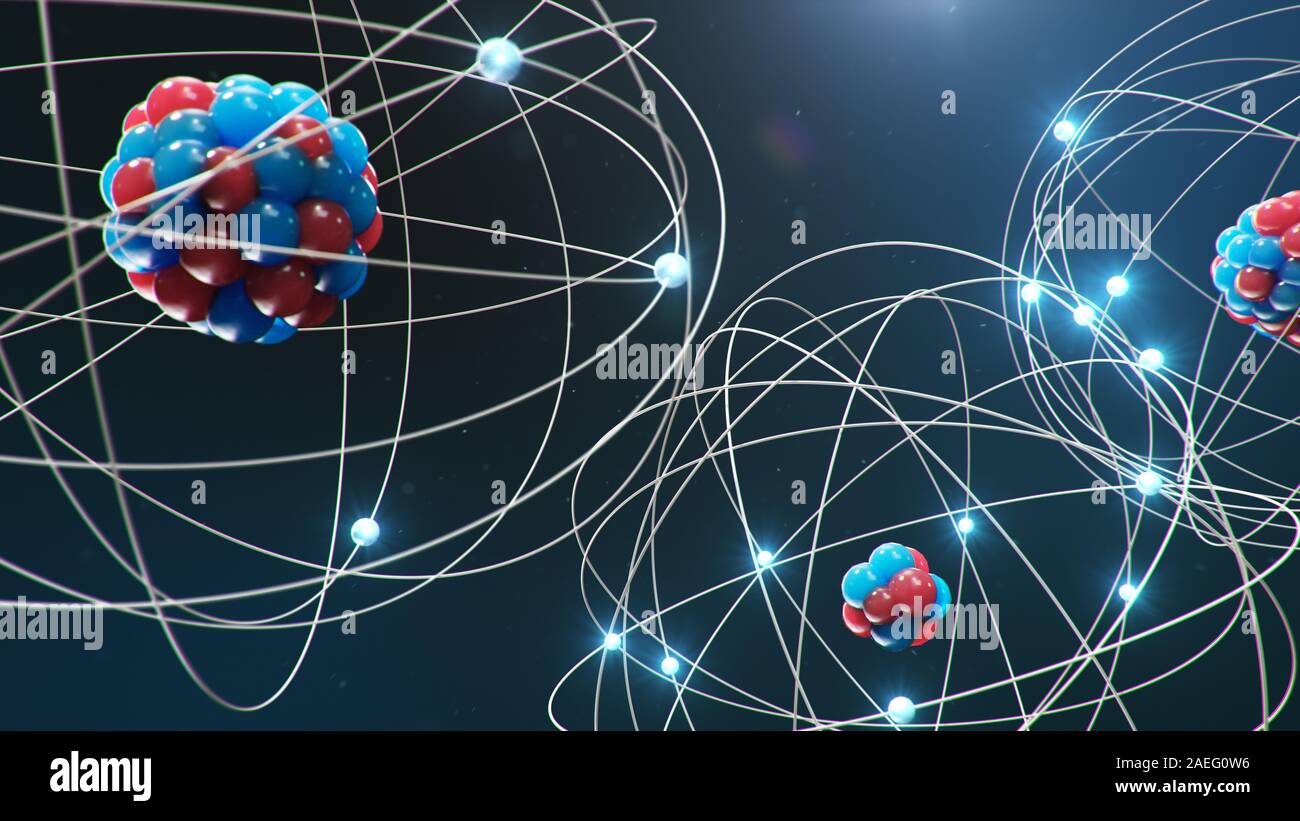 Abstract atom model. Atom is the smallest level of matter that forms chemical elements. Glowing energy balls. Nuclear reaction. Concept nanotechnology Stock Photo