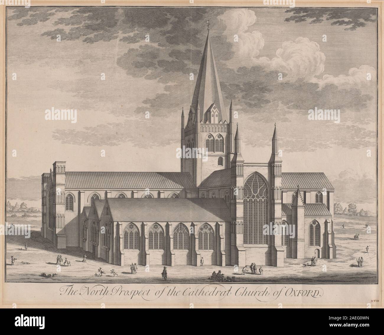 The North Prospect of the Cathedral Church of Oxford by Johannes Kip after Leendert Knijff, 1707, depicts the northern view of Oxford Cathedral, showing architectural details, surrounding buildings, and urban landscape. Stock Photo