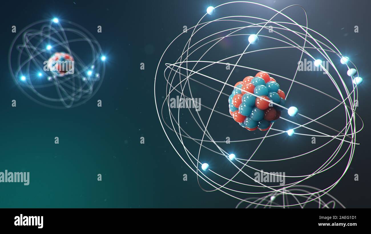 3D Illustration Atomic structure. Atom is the smallest level of matter that forms chemical elements. Glowing energy balls. Nuclear reaction. Concept Stock Photo
