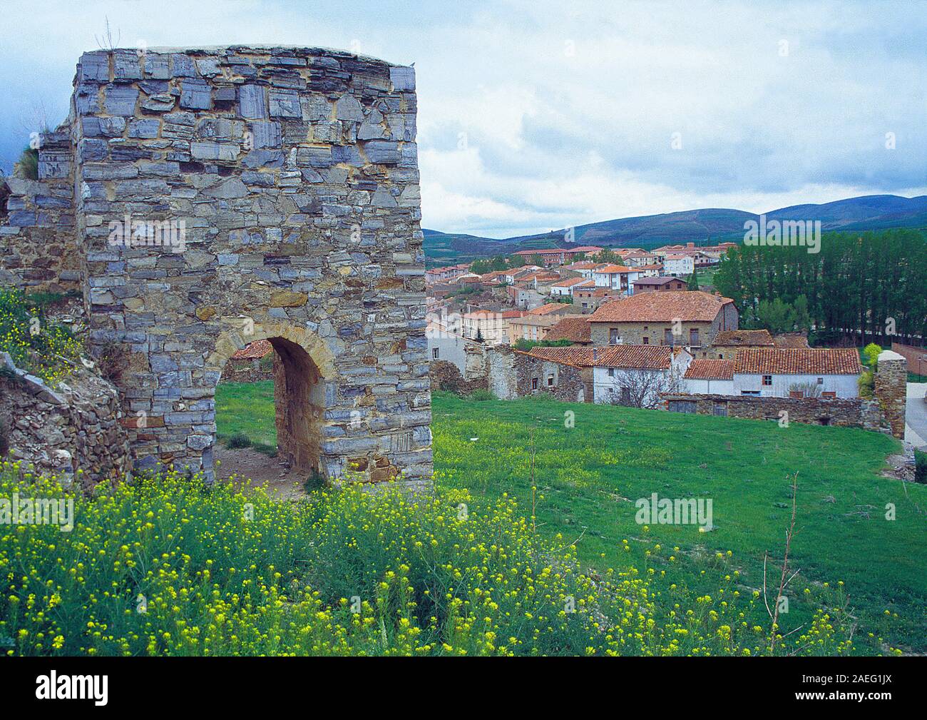 Medieval gate and overview of the village. San Pedro Manrique, Soria province, Castilla Leon, Spain. Stock Photo