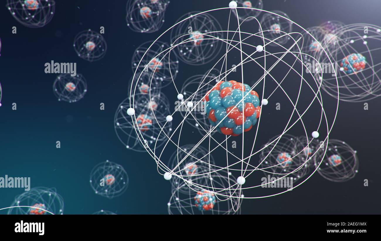 3D Illustration Atomic structure. Atom is the smallest level of matter that forms chemical elements. Glowing energy balls. Nuclear reaction. Concept Stock Photo