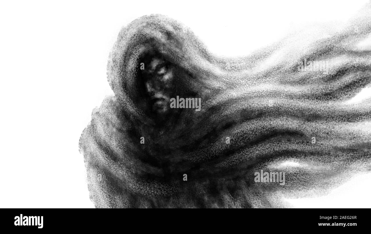 Gloomy woman in a hood and a scarf developing in the wind. Black and white illustration in fantasy genre with coal and noise effect. Stock Photo