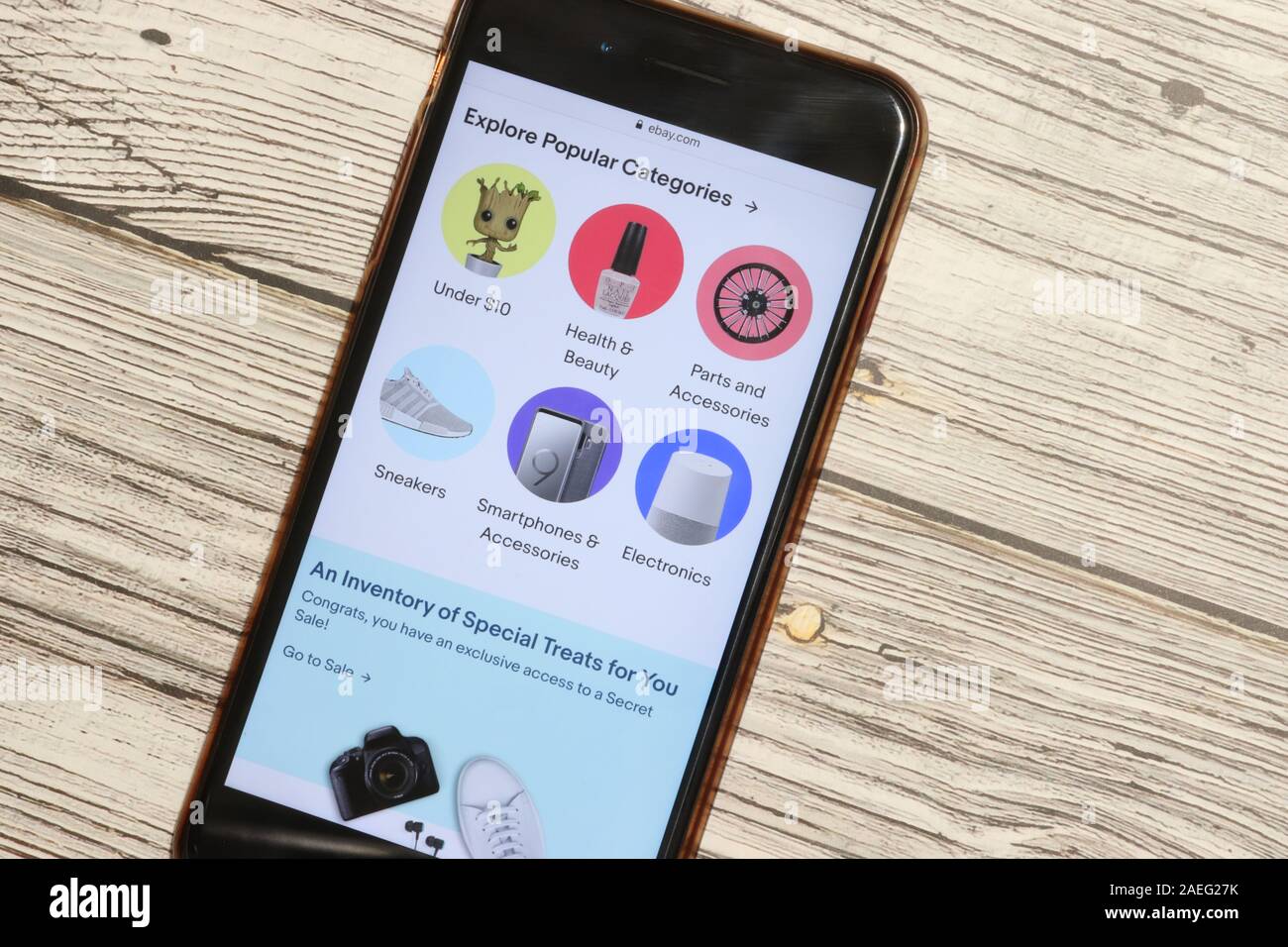 Los Angeles, California, USA - 4 December 2019: Ebay website page on phone screen top view with copy space, Illustrative Editorial. Stock Photo