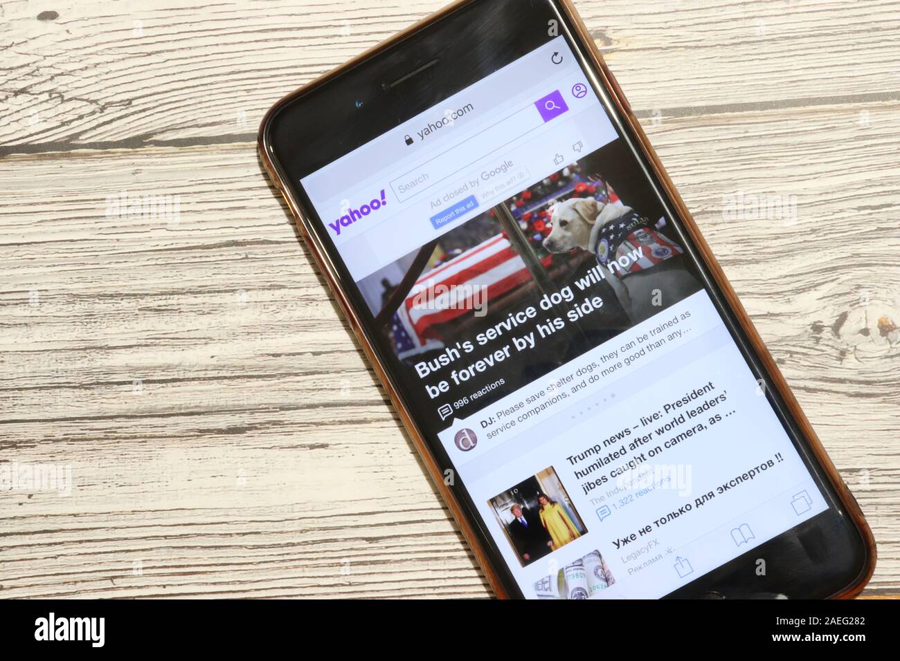 Los Angeles, California, USA - 4 December 2019: Yahoo website page on phone screen top view with copy space, Illustrative Editorial. Stock Photo