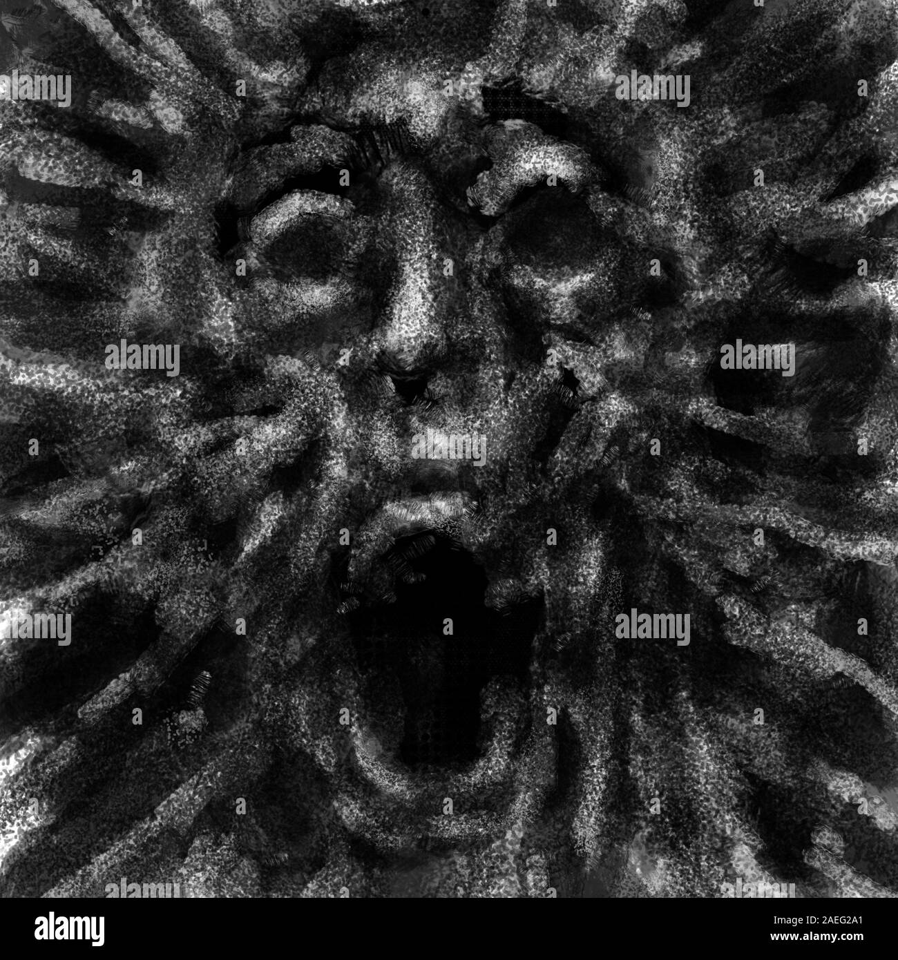 Exploding human face with opened mouth. Black and white illustration in horror genre with coal and noise effect Stock Photo