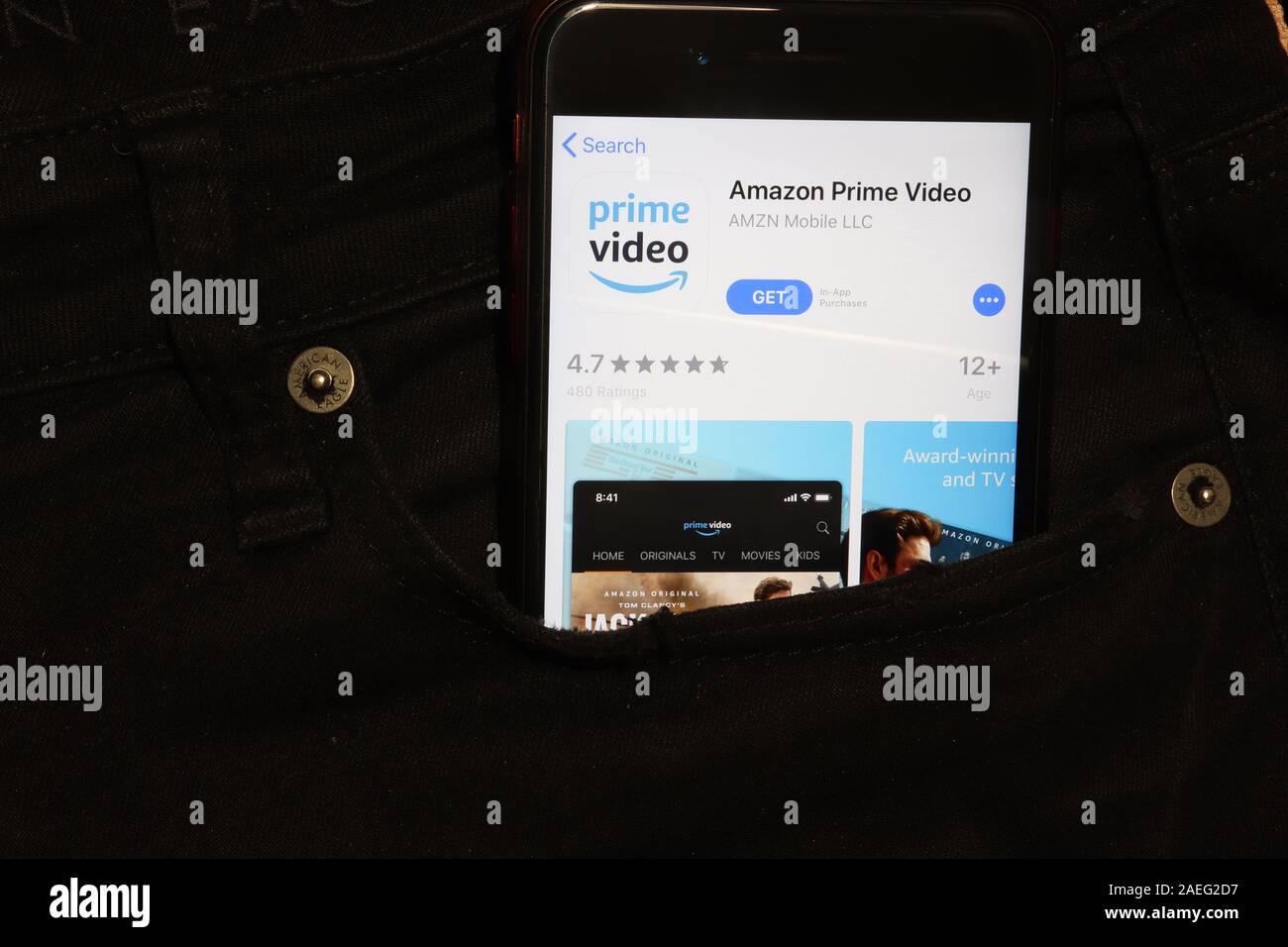 Saint-Petersburg, Russia - 6 December 2019: Mobile phone screen with Amazon Prime Video icon in pocket close-up, Illustrative Editorial. Stock Photo