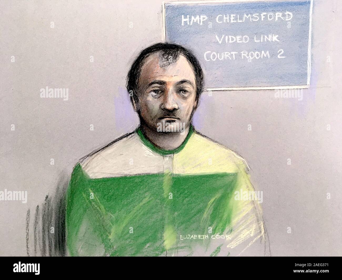 Court artist sketch by Elizabeth Cook of Terence Glover, 51, of Newmans Lane, Loughton, Essex, appearing via video link from Chelmsford Prison at Chelmsford Crown Court, where he is charged with the murder of 12-year-old Harley Watson who was killed in a hit-and-run outside his school in Essex and the attempted murder of a woman and nine other children. Stock Photo