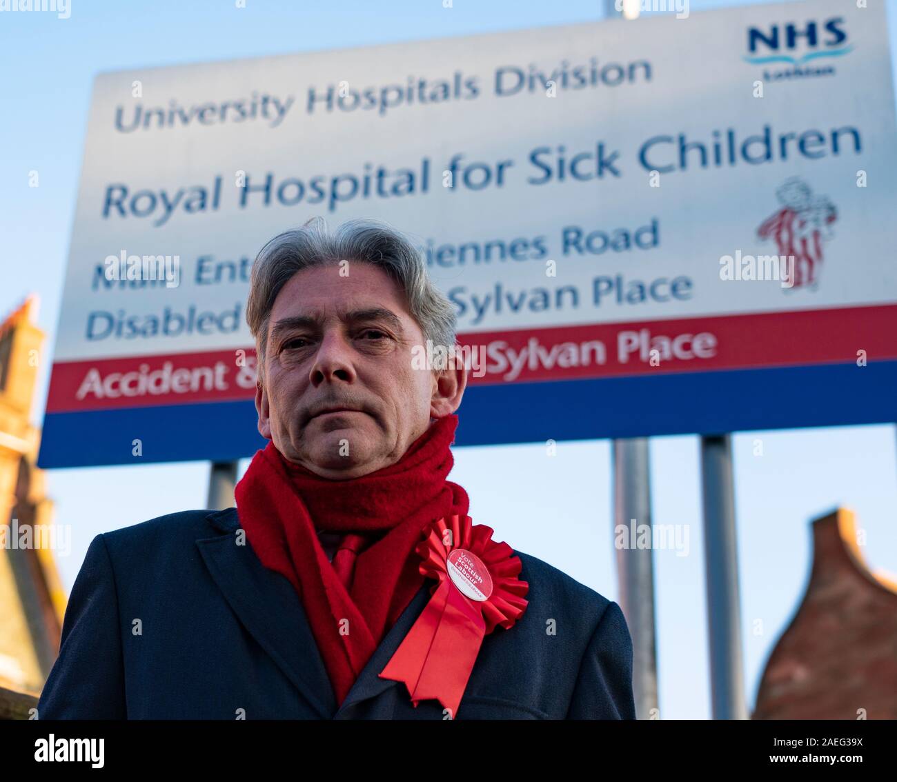 Edinburgh, Scotland, UK. 9th Dec, 2019. Scottish Labour leader Richard Leonard outside Edinburgh's Royal Hospital for Sick Children to highlight the risks to the NHS and outline Labour's plans to invest in and revive the health service. Credit: Iain Masterton/Alamy Live News Stock Photo