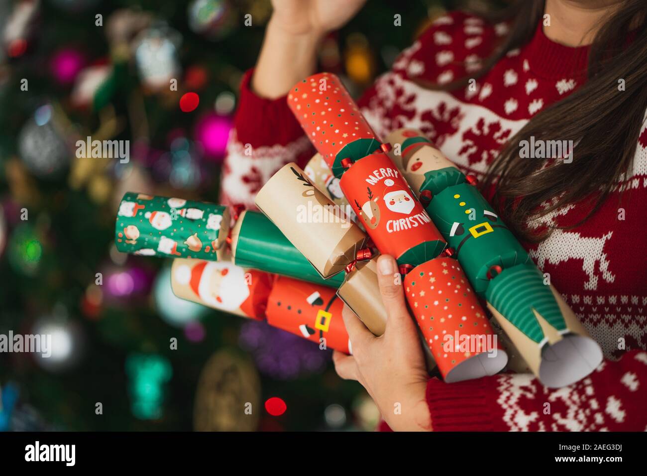 Woman Wearing a Christmas Sweater Holding Some Christmas Cracker on a Lighted Christmas tree. Stock Photo
