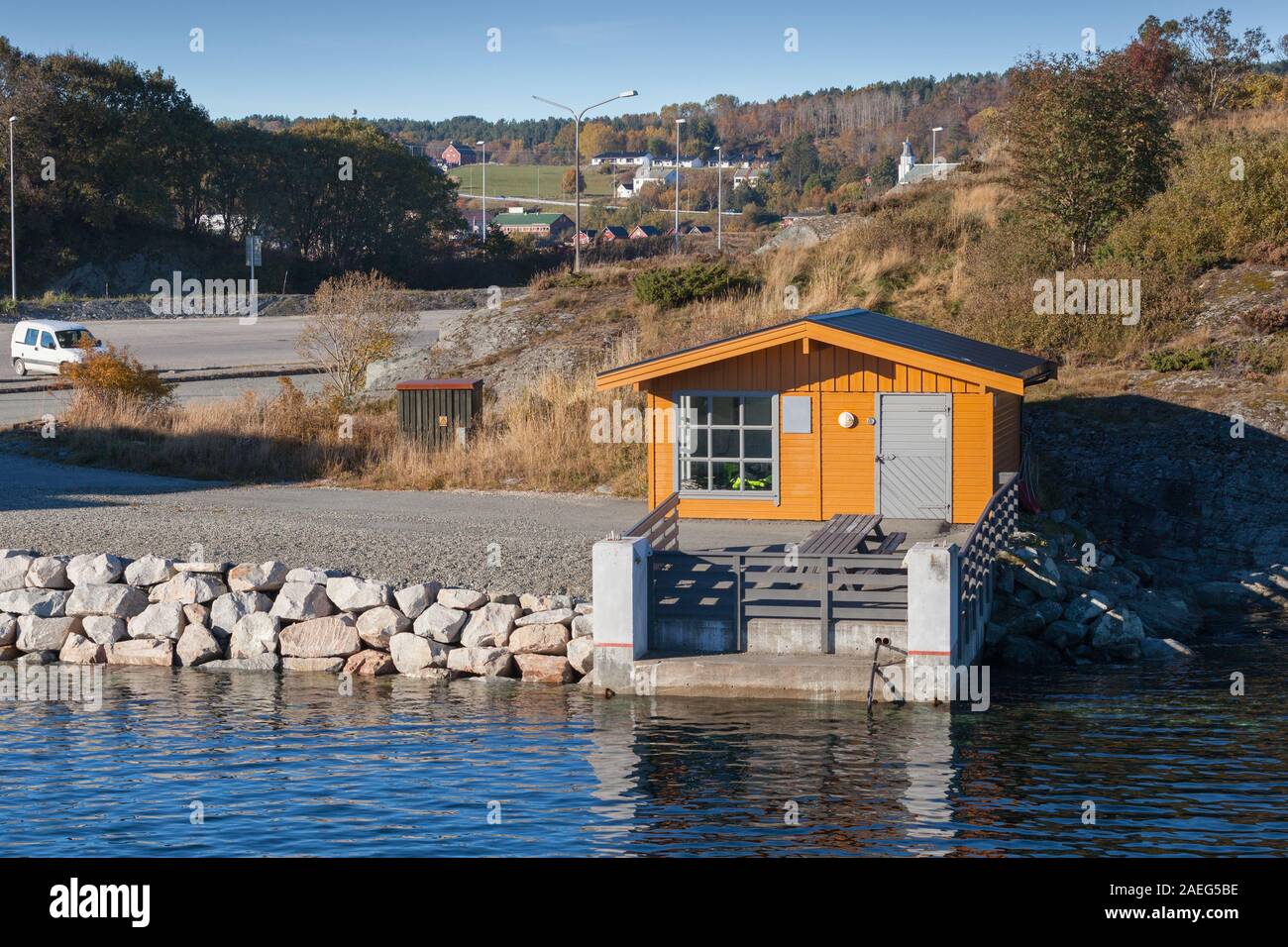 Norwegian coastal landscape with pier for ferry mooring. Hitra, Norway Stock Photo