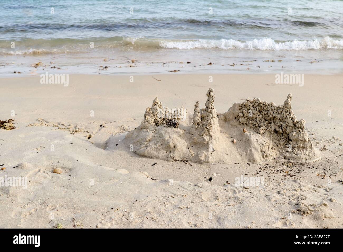 Sand castle on the beach, Men Du beach in Carnac, Brittany, France Stock Photo