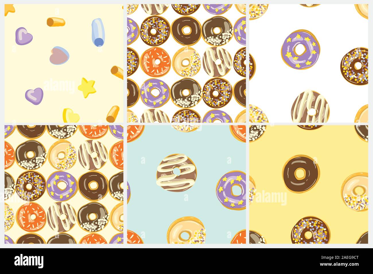 Glazed Donuts seamless pattern set. Bakery Vector illustrations. Top ...