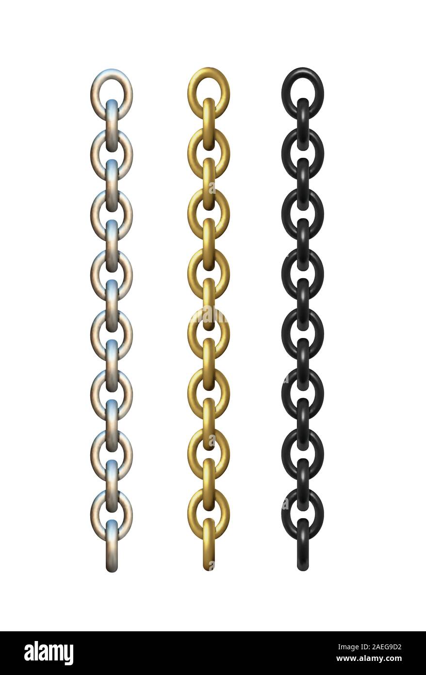 Gold, silver and black metal chains. 3d realistic vector Stock Vector