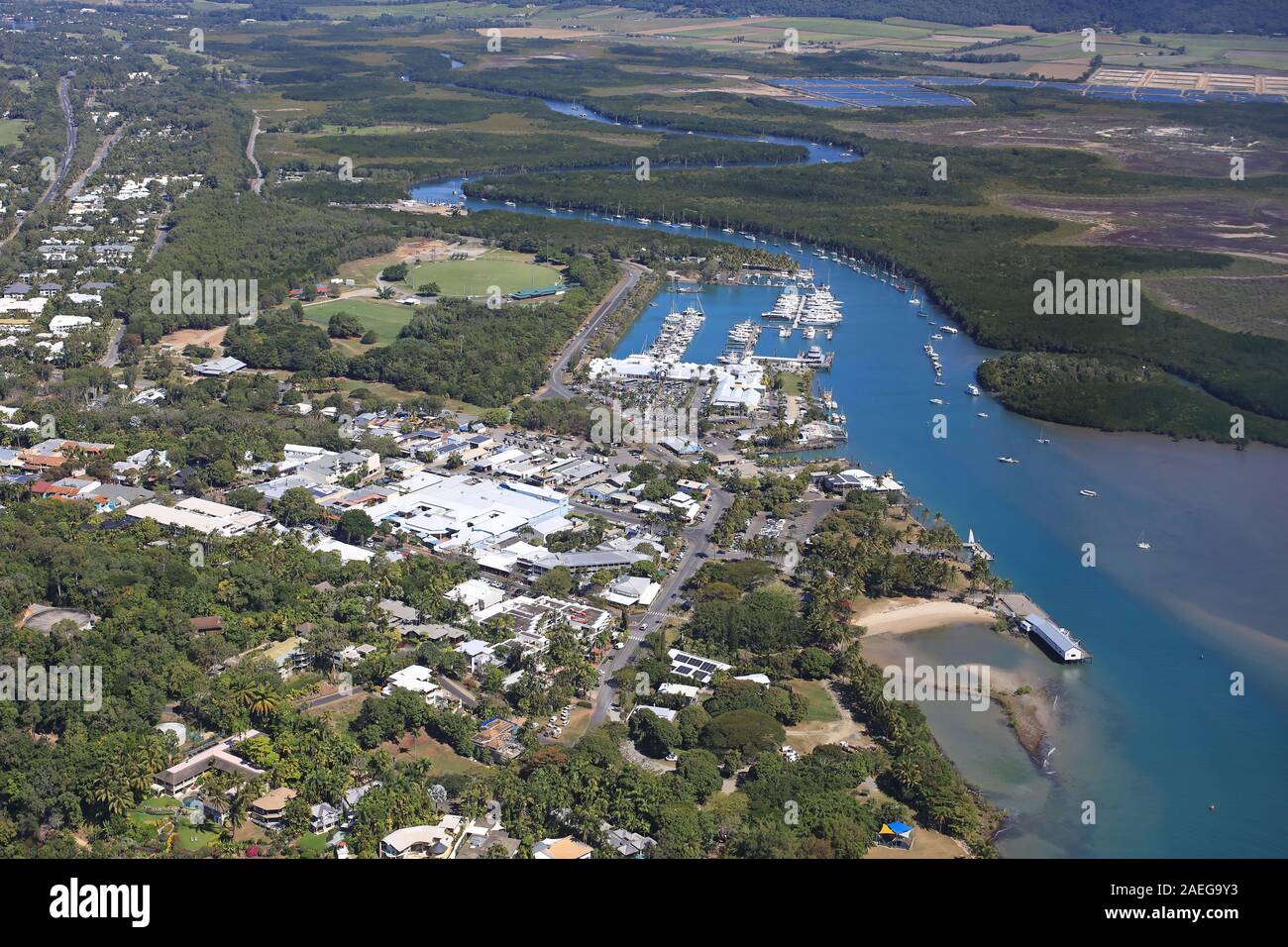 Aerial view to the City of Port Douglas on the east coast of Australia Stock Photo