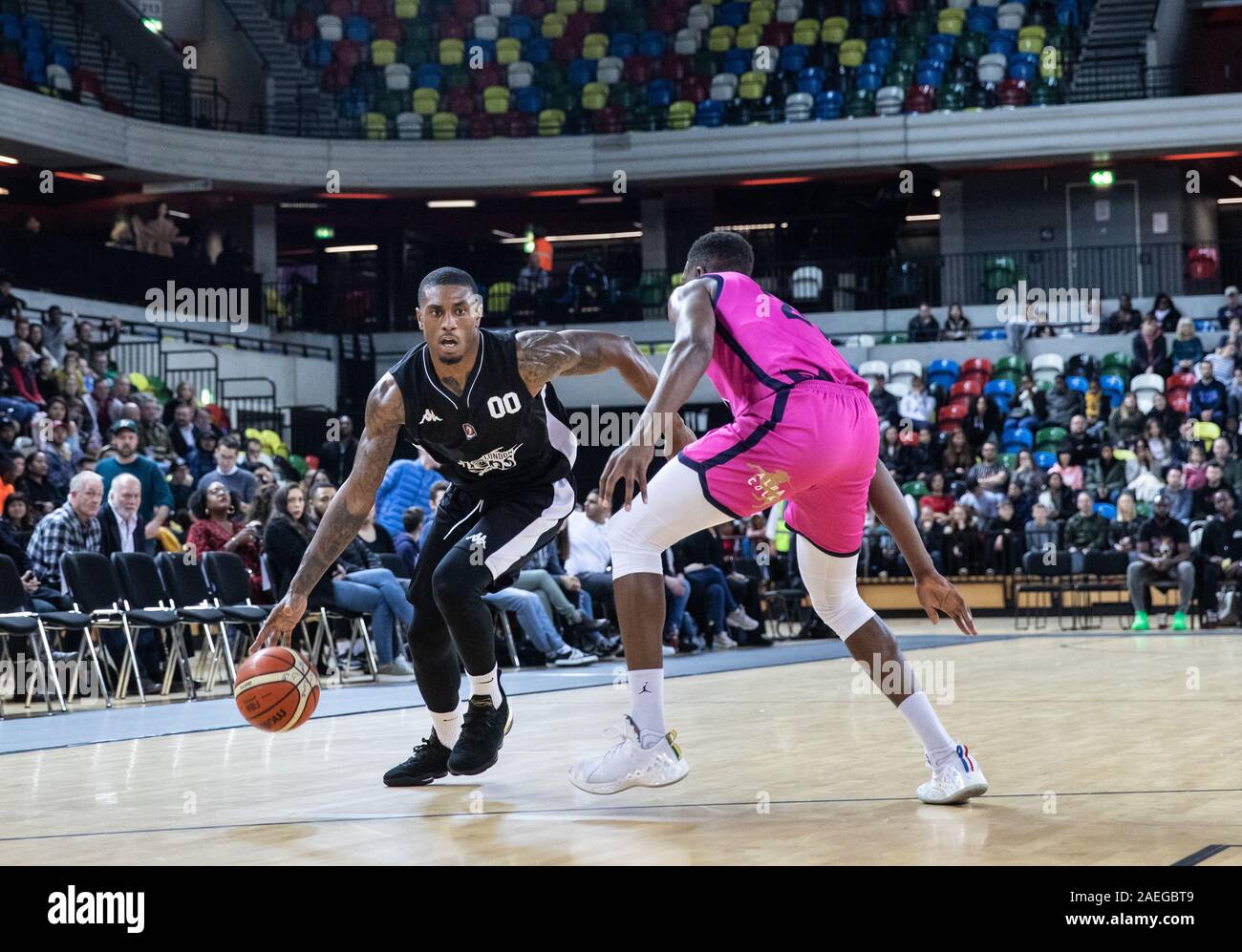 London, UK, 8th December 2019. Ovie Soko makes his debut playing for London Lions basketball team. The Lions defeated the Glasgow Rocks 88-72 in their opening match of the BBL Championship 2019. copyright Carol Moir. Stock Photo