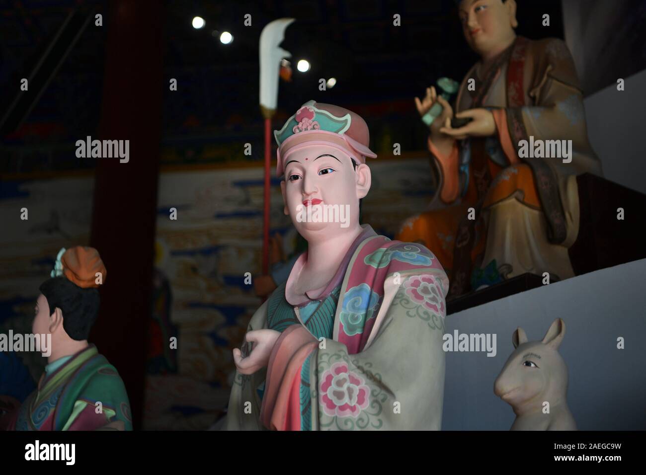(191209) -- XI'AN, Dec. 9, 2019 (Xinhua) -- Photo taken on Dec. 5, 2019 shows the Taoist statues at the Louguantai Temple Taoist cultural scenic spot of Zhouzhi County in Xi'an,  capital of northwest China's Shaanxi Province. Louguantai Temple is the place where Chinese philosopher Laozi, the founder of the Taoism, preached his thoughts. (Xinhua/Zhang Bowen) Stock Photo