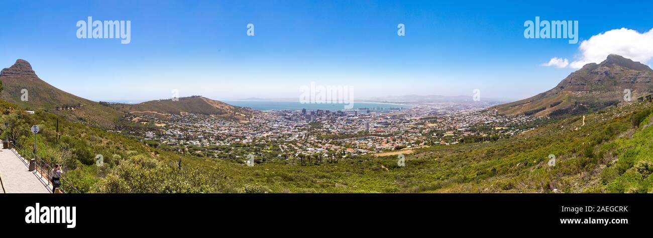 Panoramic view over Cape Town, Devil's Peak, Lion's Head and Signal Hill on a sunny day, South Africa Stock Photo