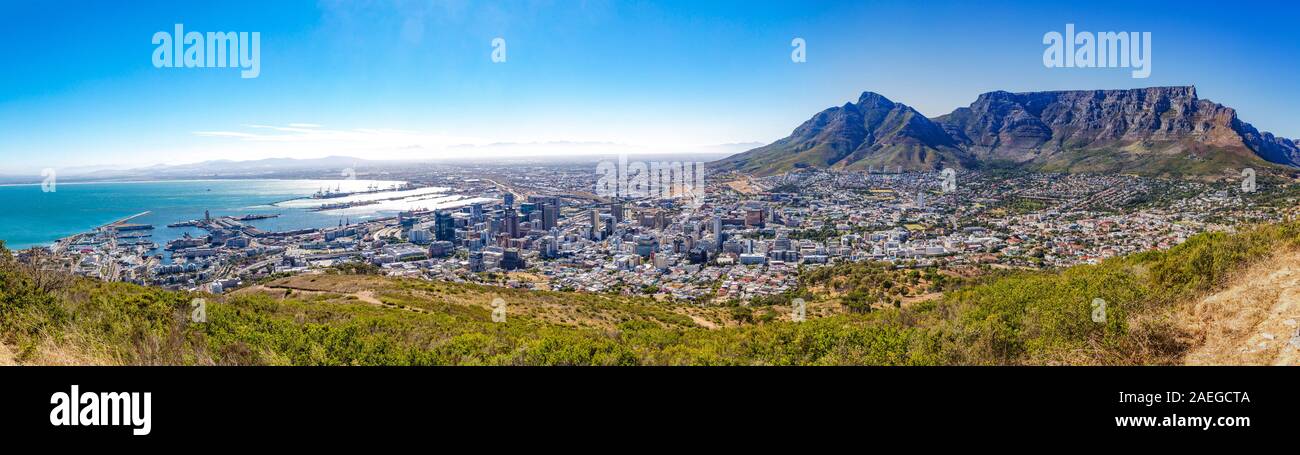 Panoramic view over Cape Town, Devil's Peak and Table Mountain from Signal Hill on a sunny day, South Africa Stock Photo
