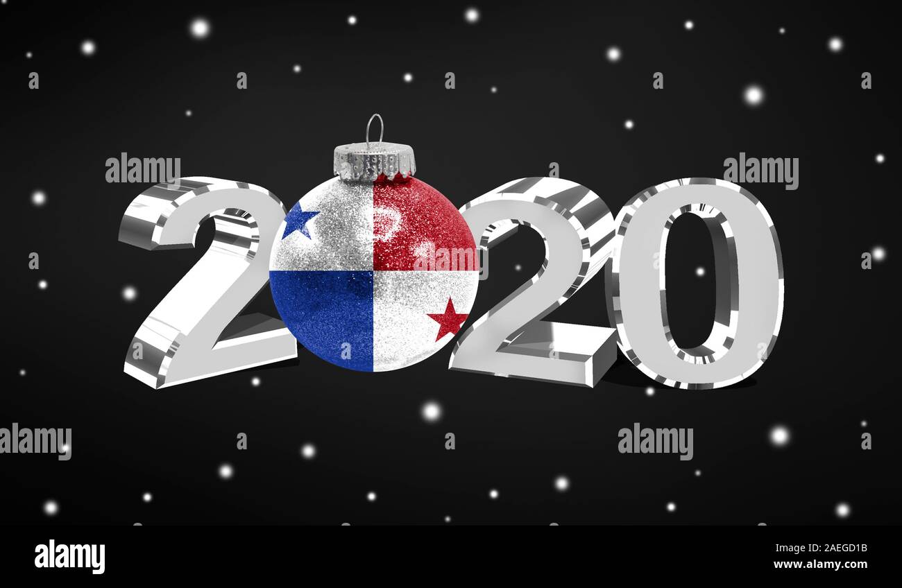 Happy new Year 2020, flag of Panama on a christmas toy, decorations isolated on dark background. Creative christmas concept. Stock Photo