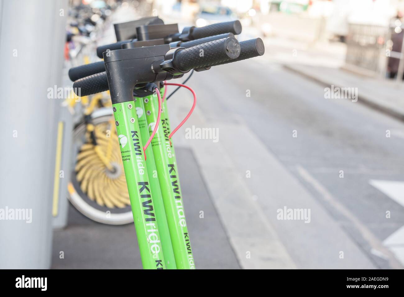 VIENNA, AUSTRIA NOVEMBER 6, 2019 Kiwi Ride logo on a row of their