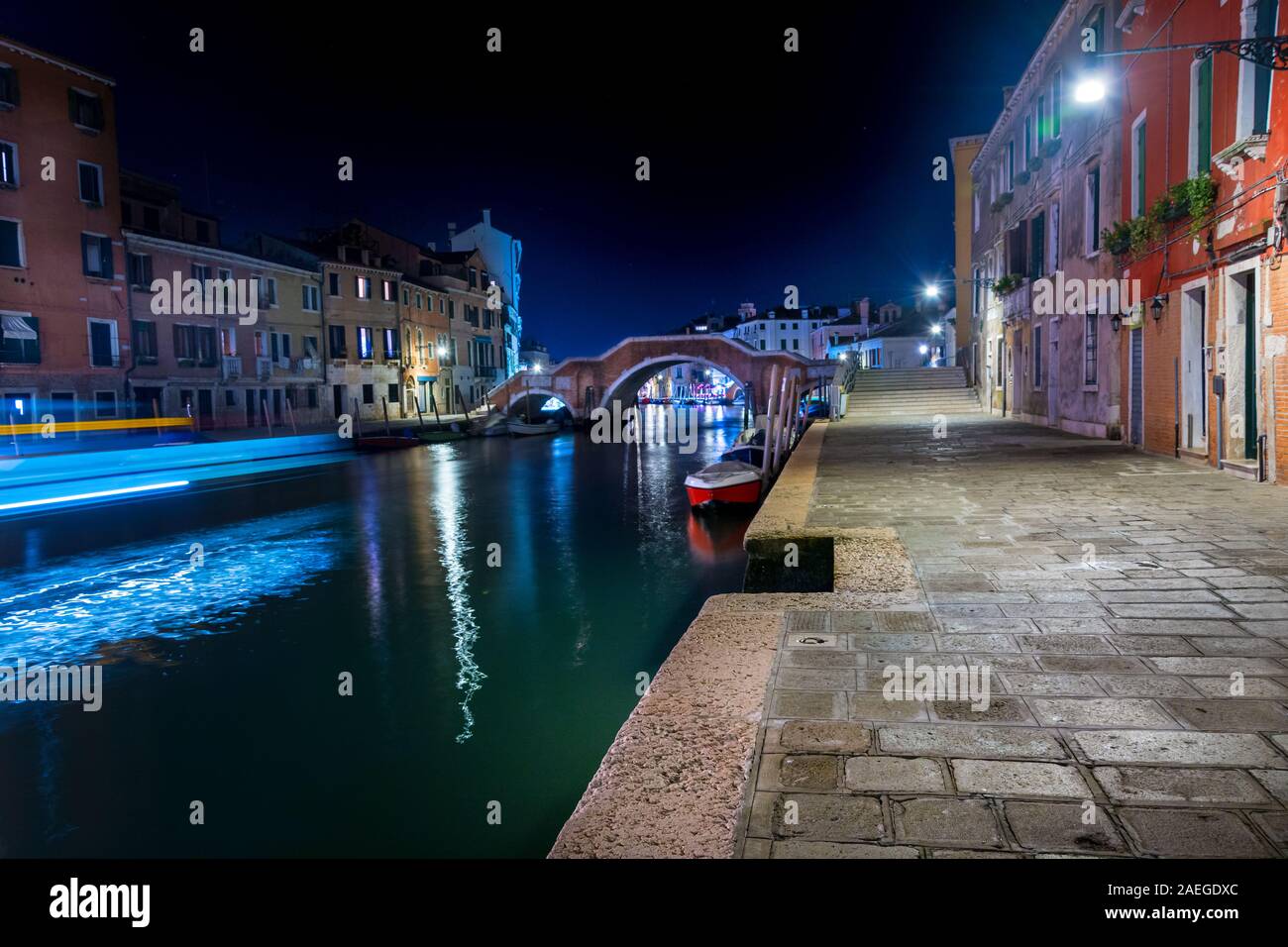Venice, Italy - Sep 30, 2018: view at a Tre Archi bridge from Fondamenta S. Giobbe in Venice at night Stock Photo