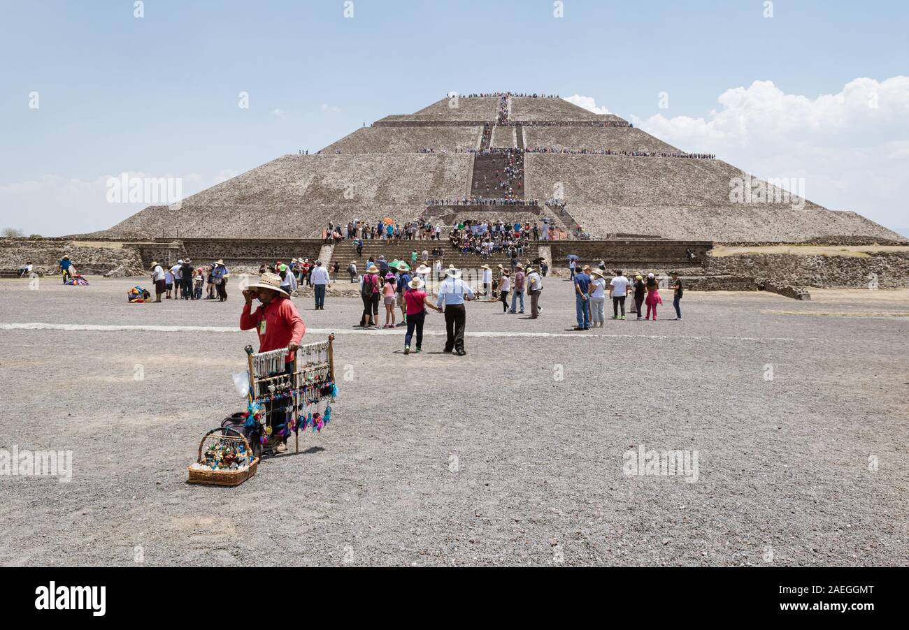 Crowd of tourists climbing the Pyramid of the Sun at the Teotihuacan archaeological site located about 40 km from Mexico City. Stock Photo