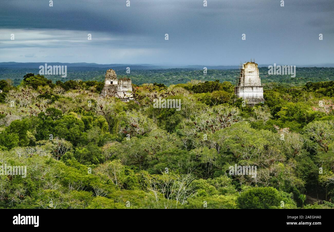 Pyramid temples in Tikal, Guatemala, an ancient Mayan city in ruins surrounded by dense jungle. Stock Photo